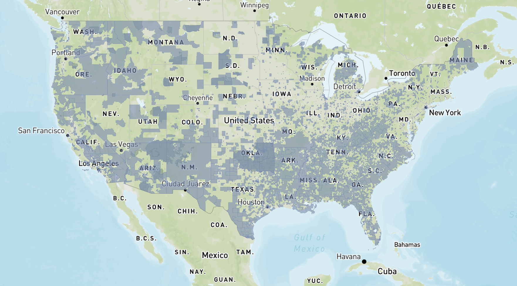 Still of the climate and economic justice communities map centered on the US.