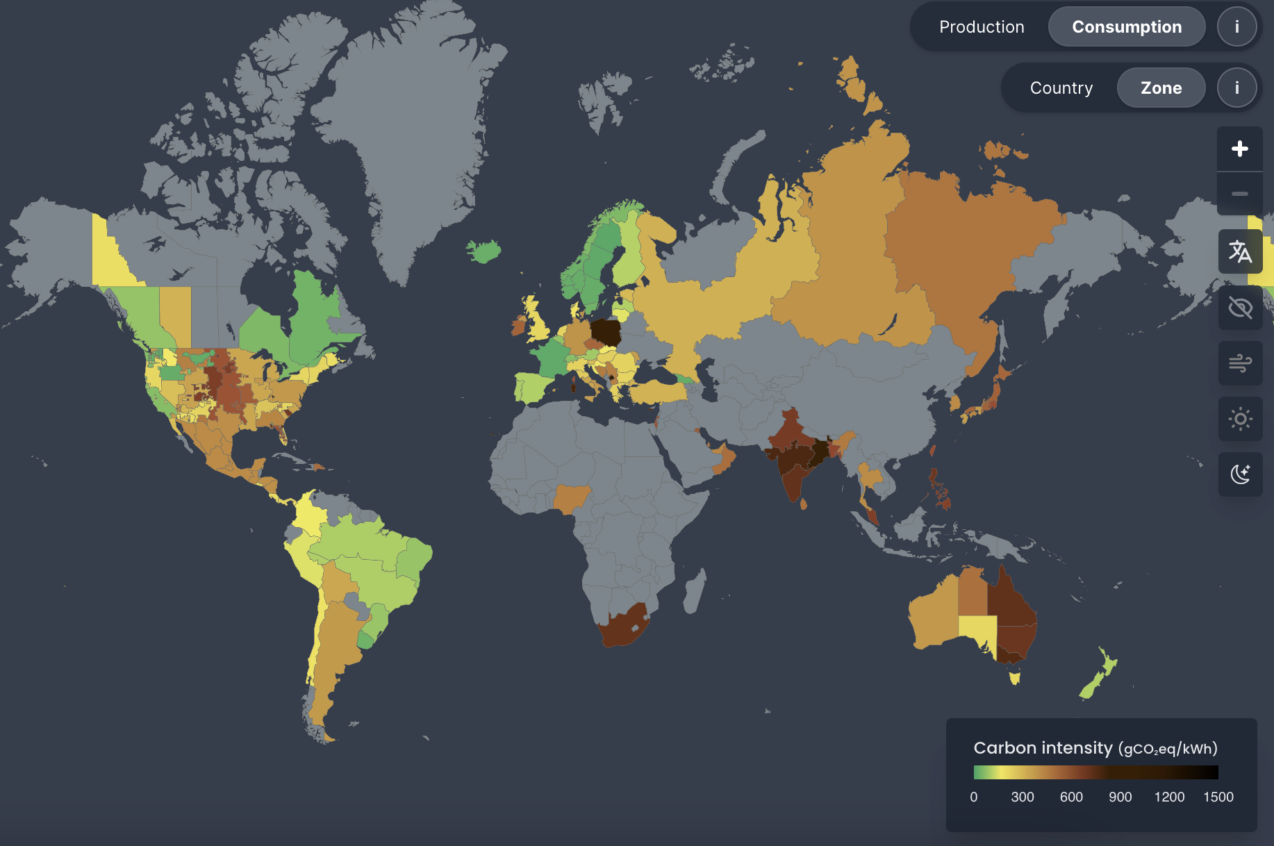 Still of the open Electricity Maps flowing depiction of international energy trading.