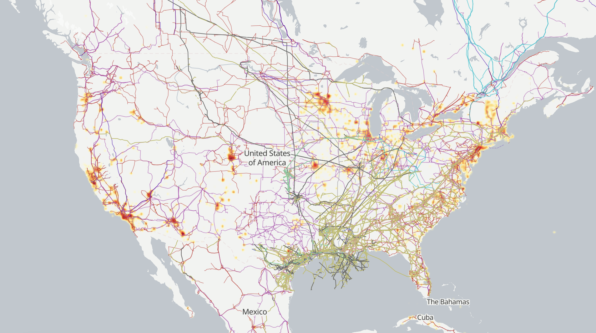 Still of the Open Infrastructure Map centered on the US showing the existing energy and water infrastructure.